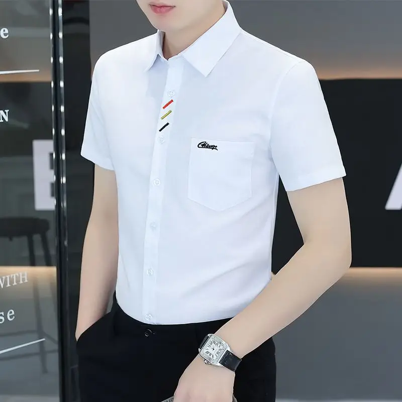 

Mens Lapel Collar Short Sleeve Shirt Stripe Embroidery Letter Logo Pocket Slim Fit Business Casual Button Down Top