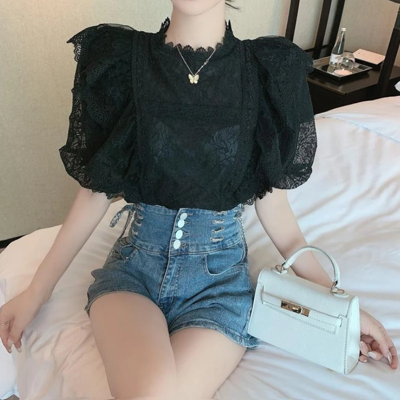 Korean Chiffon Ruffles Lace Sweet Shirts Women Puff Sleeve O-Neck Casual Elegant Fashion Retro All-match Slim Summer Chic Tops