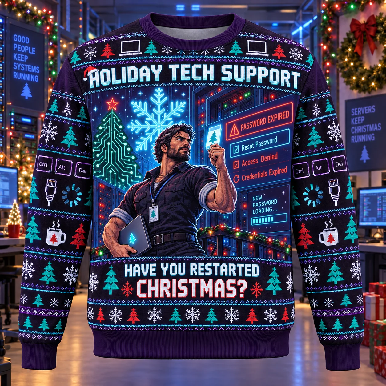 Ugly Christmas Sweater IT Tech Support Crewneck Sweatshirt Polyester 3D Print Computer Engineer Holiday Pullover Gift Men