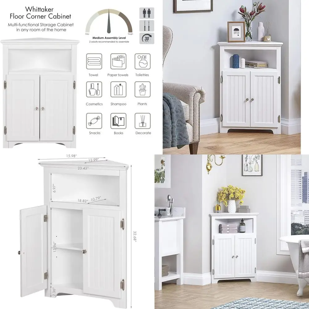

Compact Corner Storage Cabinet with Doors and Adjustable Shelves for Bathroom, Kitchen, and Living Room in White