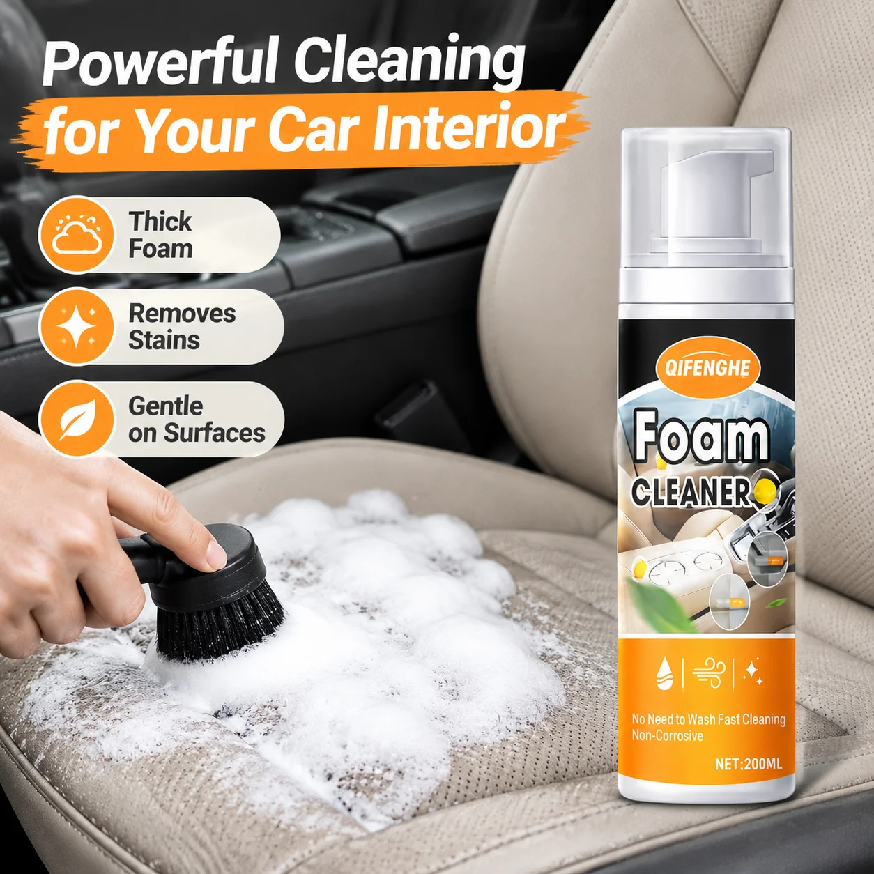 Professional-grade foam cleaner with a mild neutral formula, no rinse needed, provides durable and long-lasting cleaning effect