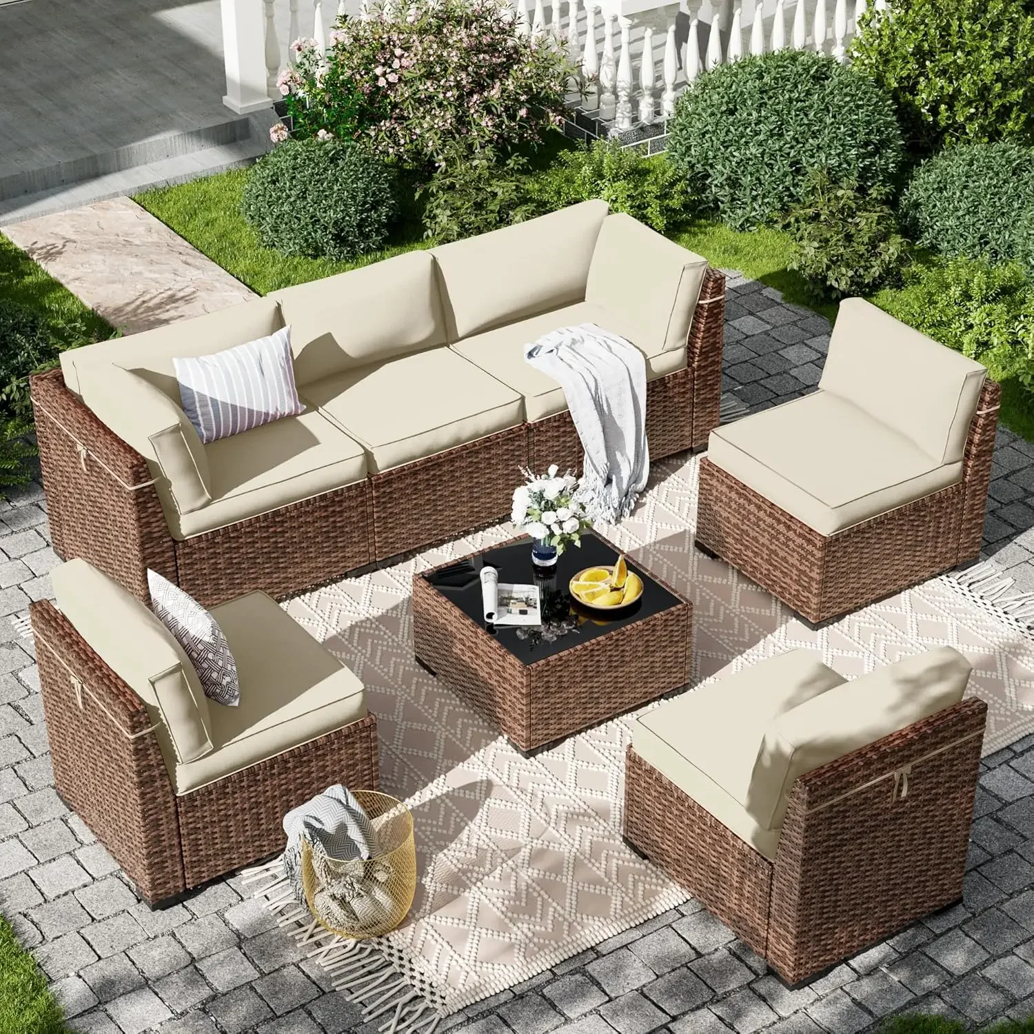 

7 Pieces Patio Furniture Set, Outdoor Furniture Sectional Rattan Sofa, Patio Couch with Glass Coffee Table (1 Waterproof Cover)