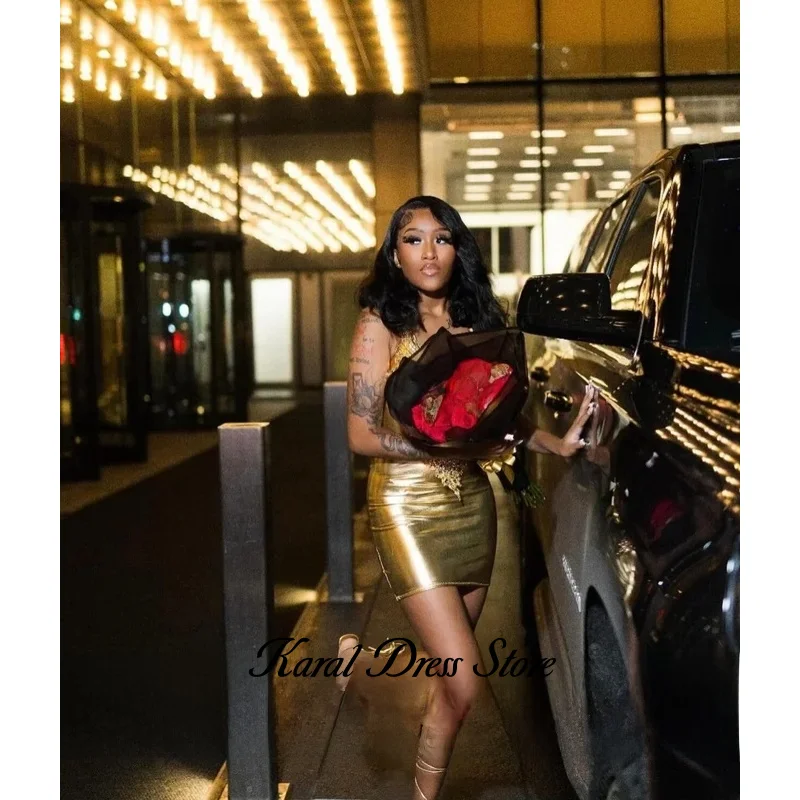 Sexy Gold Crystals Short Prom Dress Glitter Diamonds Beads Mini Cocktail Dress Birthday Party Dress Leather Customized