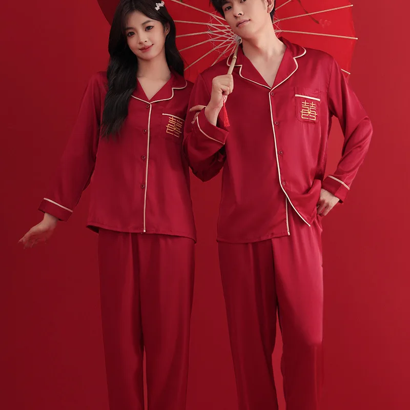 Chinese Wedding Couple Pajama Suit Sleepwear Silk Satin Pajamas Lover Set Pyjamas Suit Pijama Women Men Loungewear