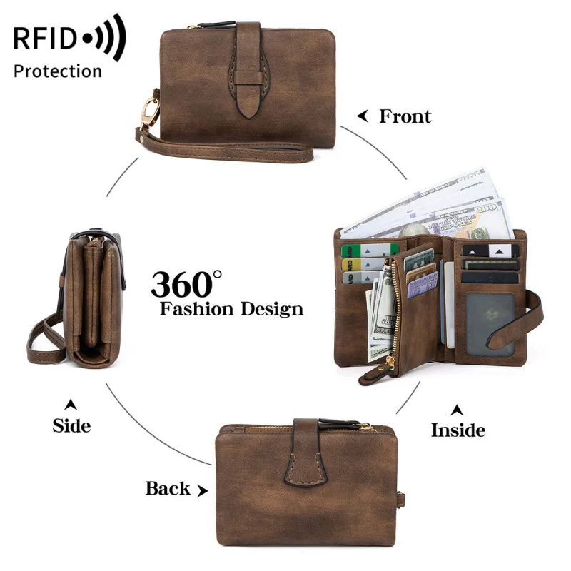 Western RFID Blocking PU Leather Three Floded Women Wallet Large Capacity Hasp Zipper Coin Purse for Ladies