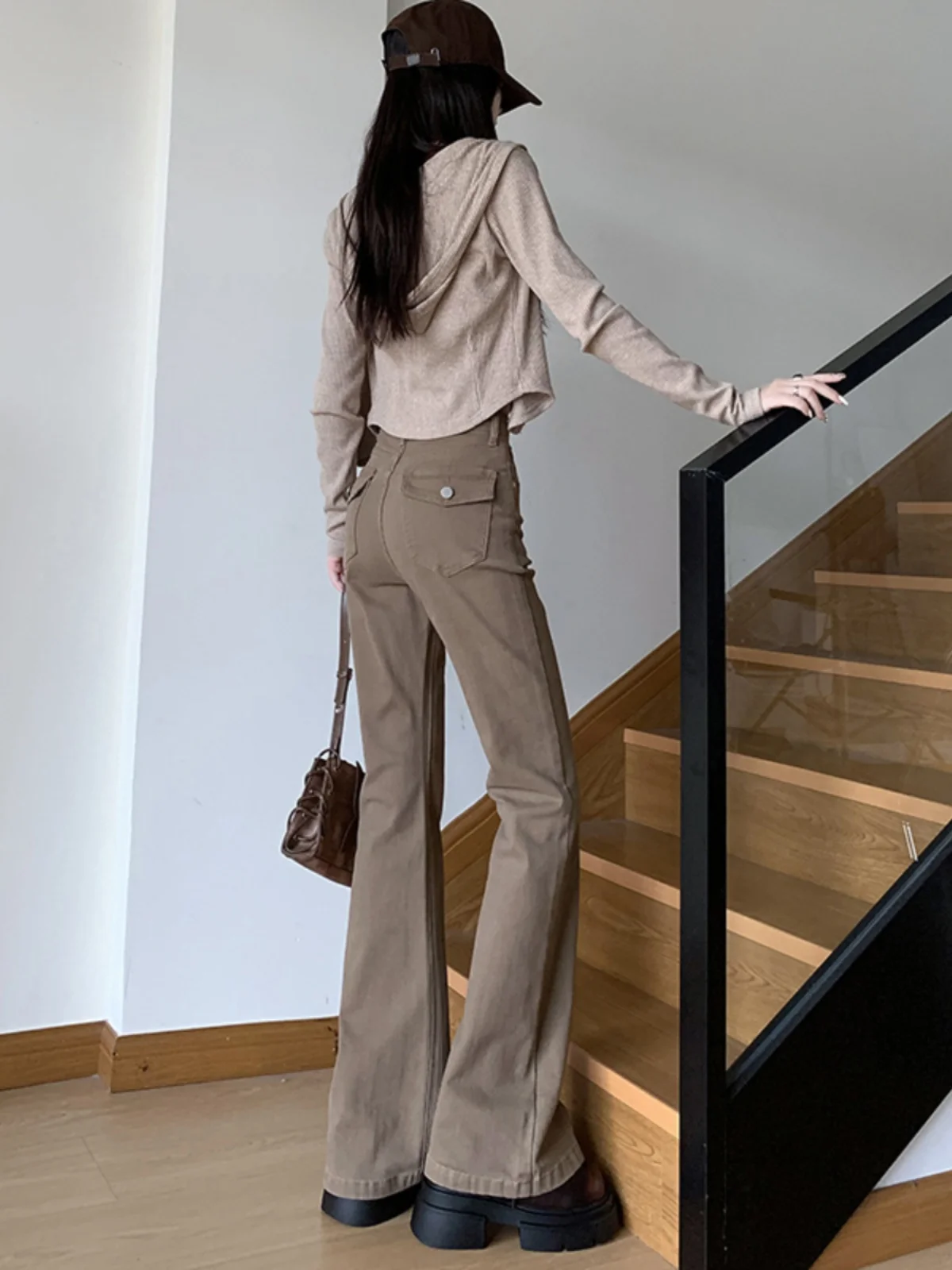 Kaki uitlopende jeans dames hoge taille broek met rechte pijpen Amerikaanse Sle herfst nieuwe collectie afslankbroek voor ort vrouwen