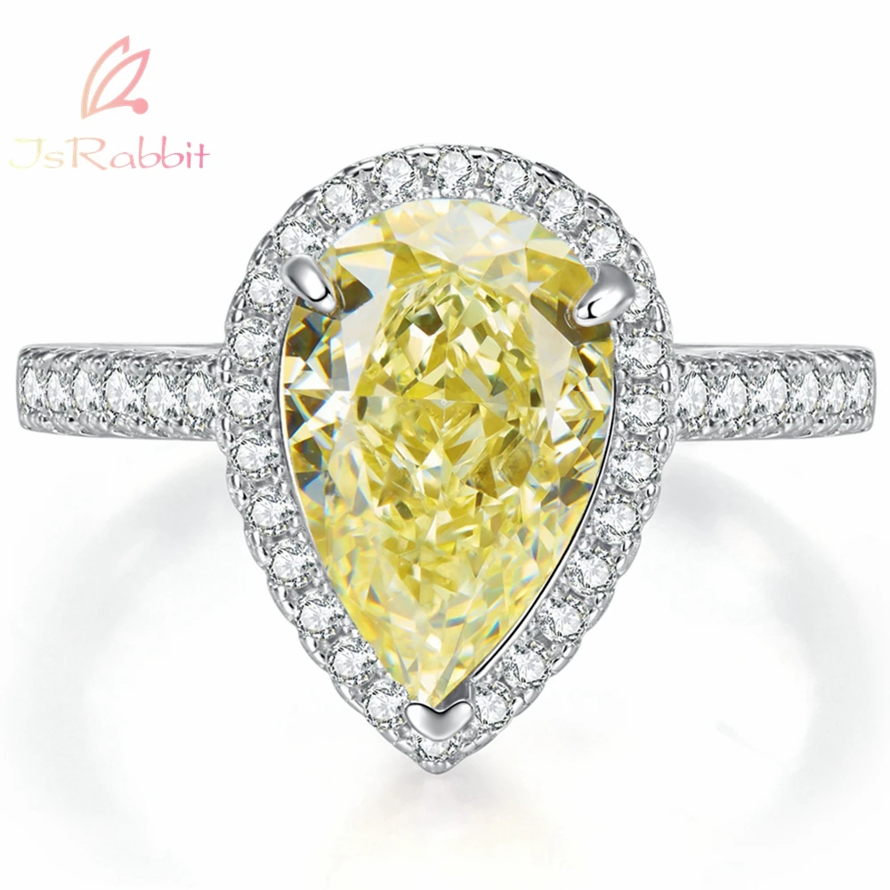 

IsRabbit 18K Gold Plated Pear Cut 8*12MM Created Yellow Gem Diamond Wedding Rings For Women Silver 925 Fine Jewelry FreeShipping