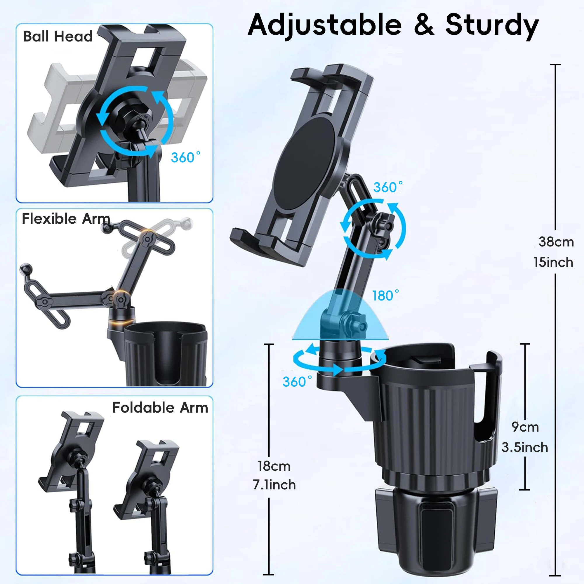 Tablet Holder for Car, 3 In1 Stable Cup Holder ipad Car Mount with Expander, Long Arm Phone ipad Holder for 4-12.9'' Tablet