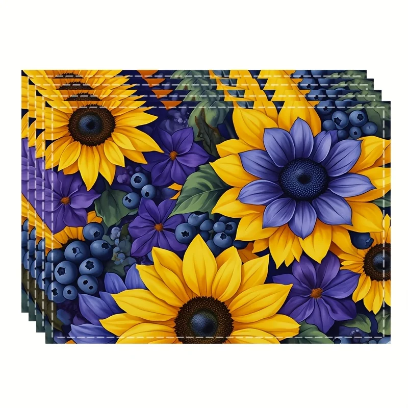 Yellow Sunflower, Purple Floral, and Blueberry Placemats, Suitable for Family Gatherings, Parties, Restaurants
