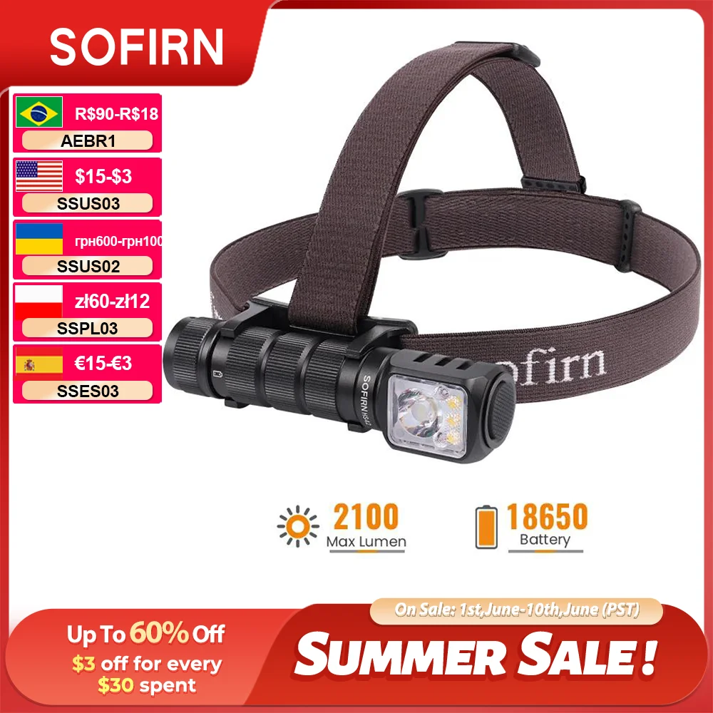 Lanterna de cabeça SOFIRN HS42 2100lm 6000K com múltiplas fontes de luz, 3000mah, LED SST40, luz vermelha, recarregável via USB C