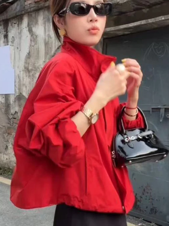 Wiosenna Nowa Damska Kurtka z Kołnierzem Stójką, Luźny Krój, Ochrona Przed Słońcem, Płaszcz ze Sznurkiem, Europejski Styl, Kurtka Przeciwwiatrowa do Pracy i na Co Dzień