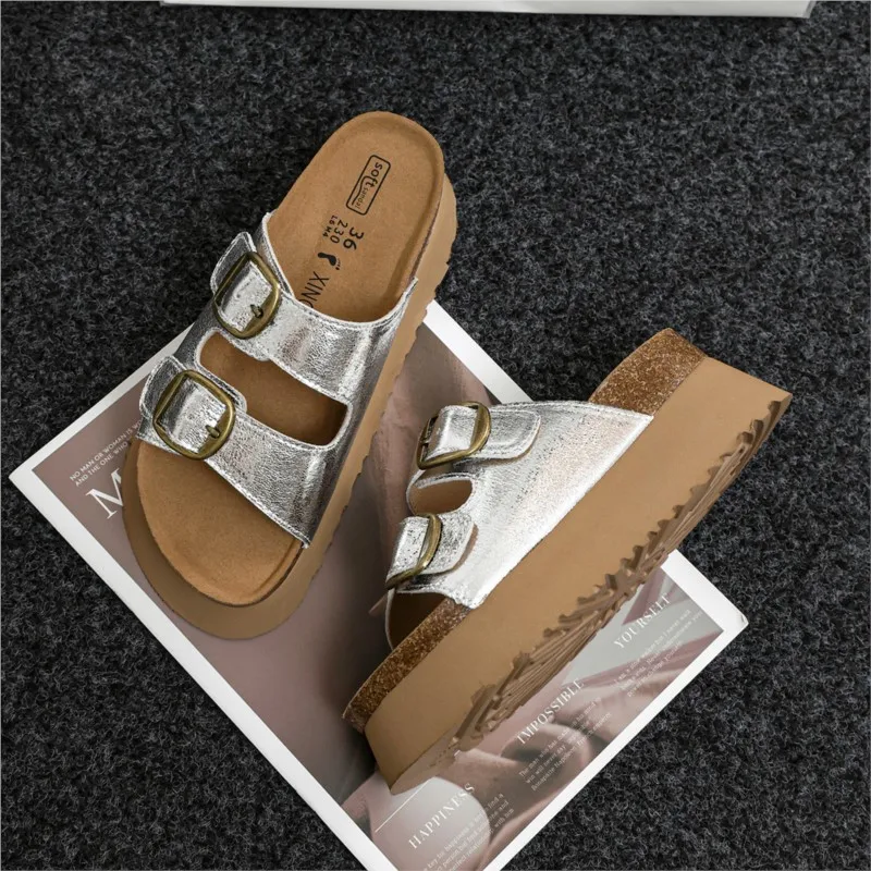 

Thick-soled slippers, women's outerwear with a high-end feel, silver height-increasing slippers, genuine leather fleece slippers