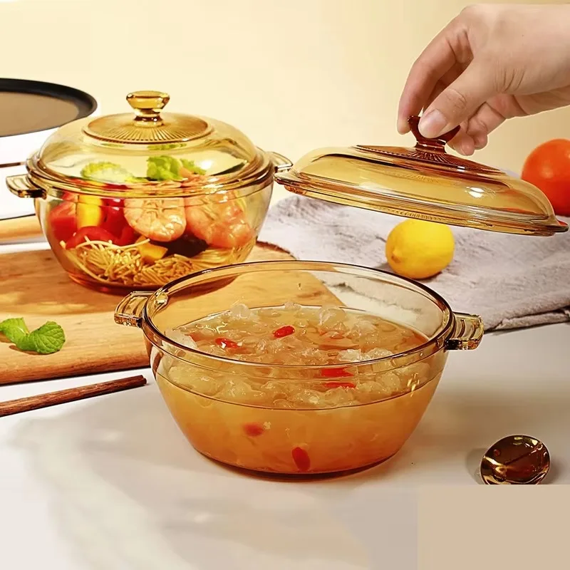 Utensilios de cocina, nuevo diseño, venta al por mayor, marmites, cristalería de borosilicato de vidrio ámbar, cazuela de 1,5 l para microondas