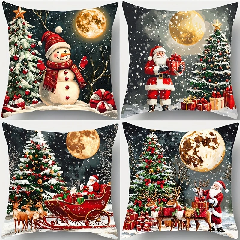 4-Pack Christmas Pillow Covers Snowman Reindeer Golden Moon Soft Polyester Zippered Machine Washable 45cm Sofa Bedroom Decor