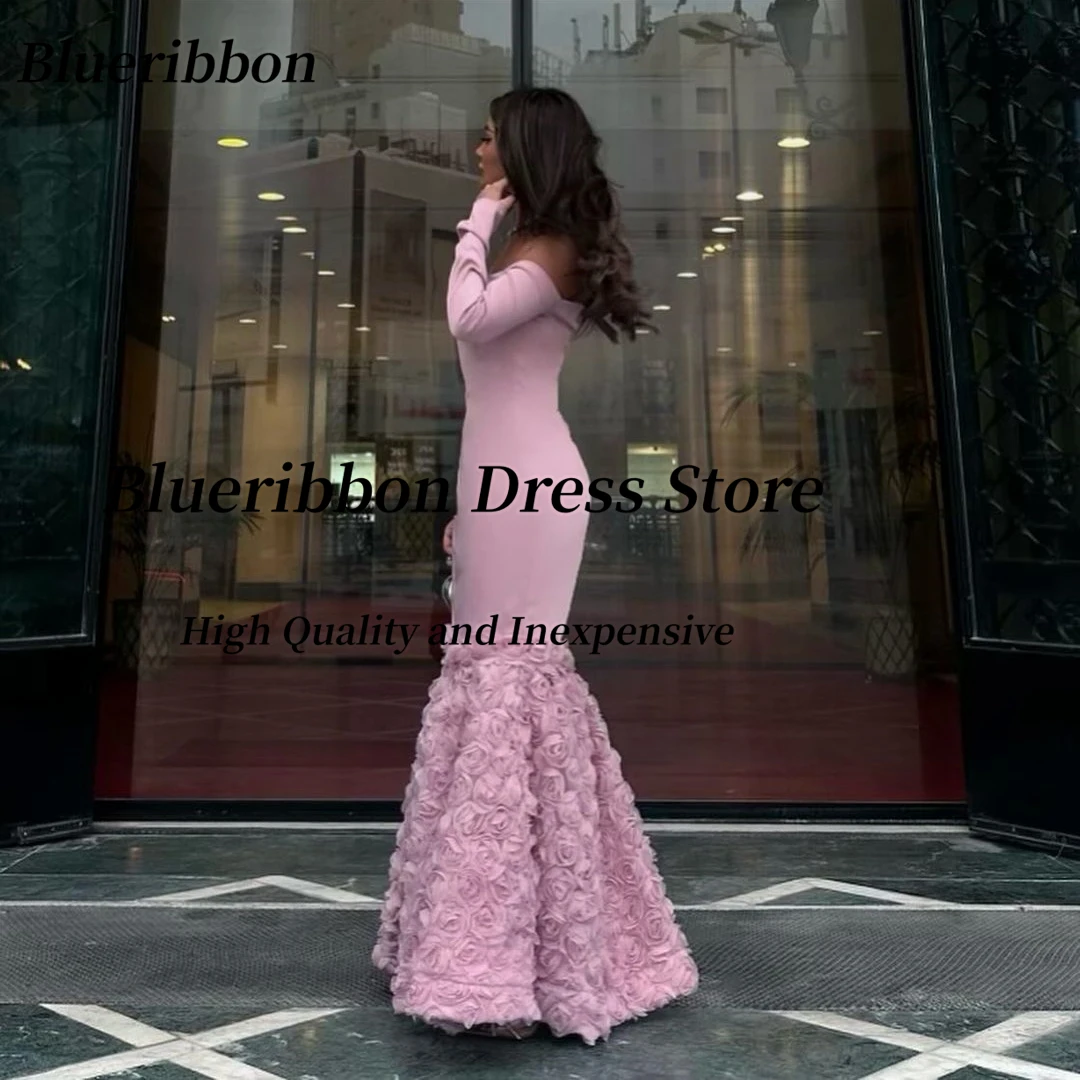 Blueribbon Elegant Women Bateau Neck Evening Dresses Long Sleeves Prom Dress Flowers Mermaid Birthday Party Bridal Gowns