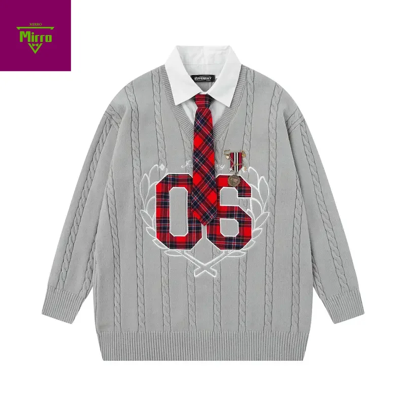 

Английский стиль, шотландская клетчатая рубашка с вышивкой букв, искусственная рубашка из 2 предметов, вязаный свитер с галстуком, 2025 мешковатый повседневный трикотаж, топ