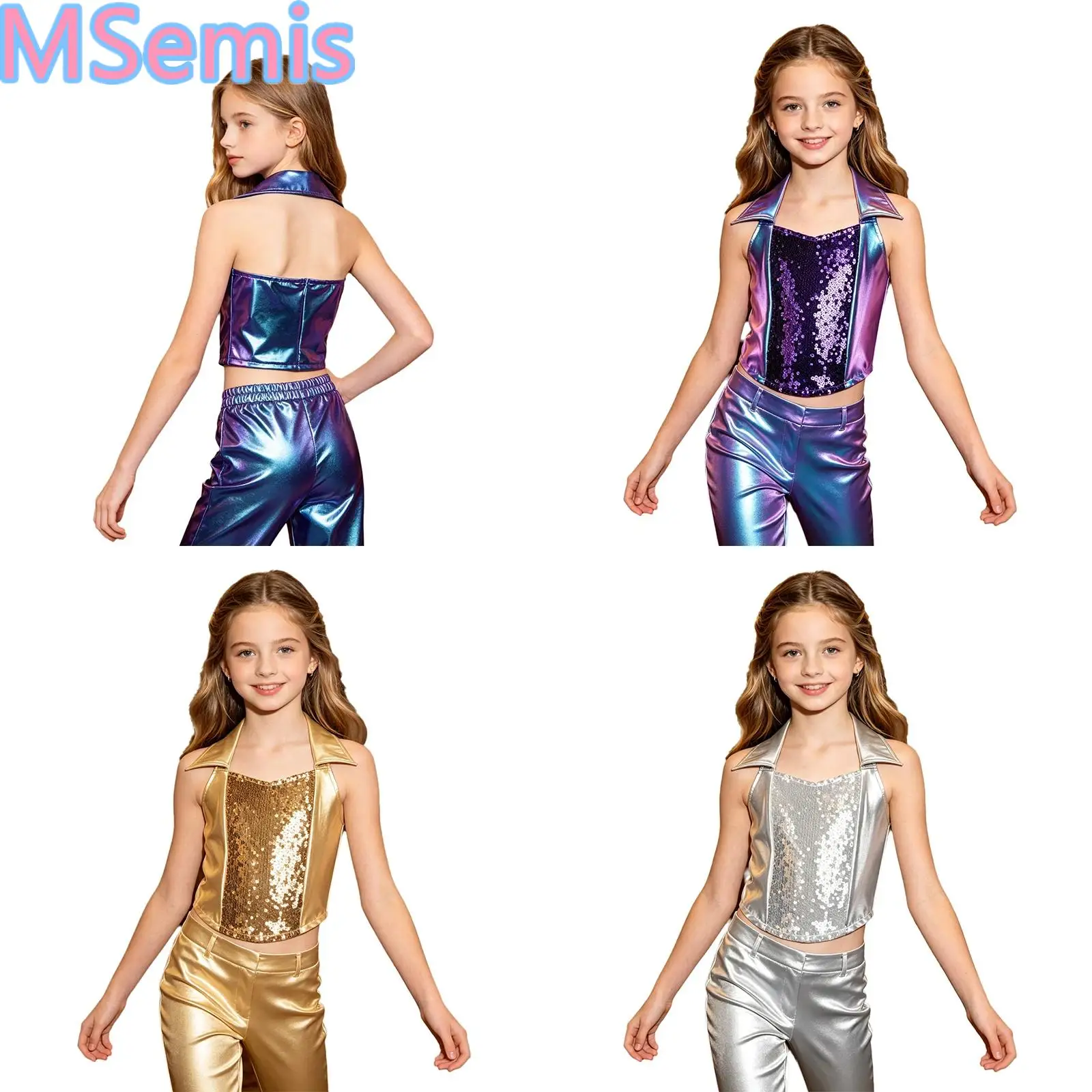 Kids Girls Metallic Jazz 70s Disco Crop Tops Shiny Sequins Sleeveless Zip-up Tank Top Halter Vest Dancing Performance Costume