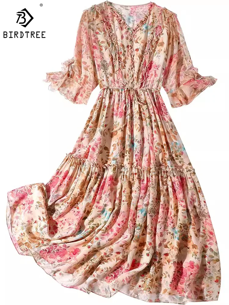 

Birdtree High Quality 100%Real Silk Dress Women Crepe De Chine Elegant Long Casual Floral Dresses Female Summer 2023 D36926QM