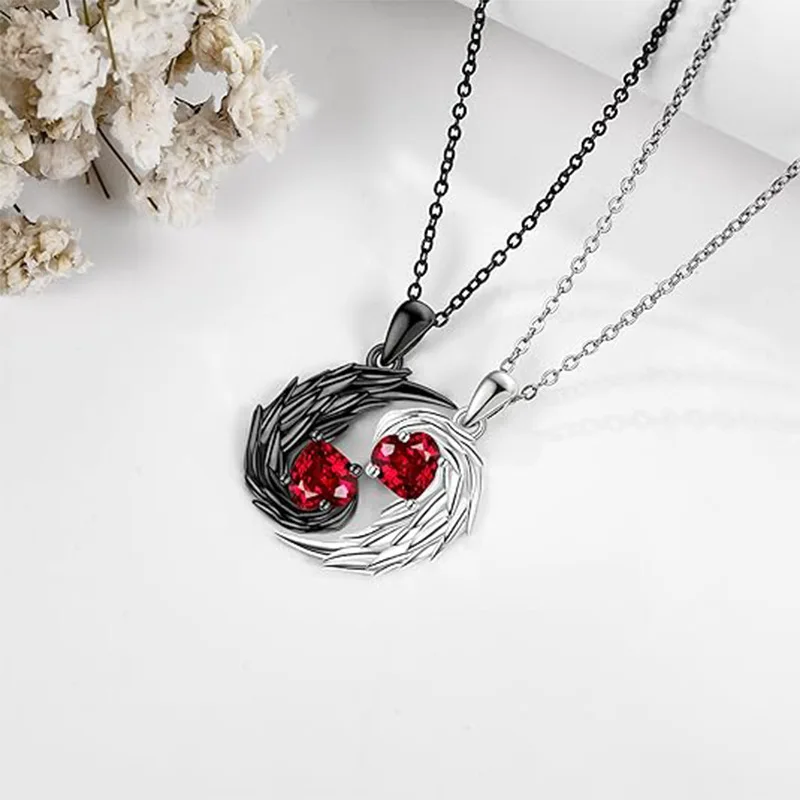 Couple Matching Two Tone Pendant Necklace Angel Devil Wings Interlocking Heart Inlaid Red Stone His Hers Romantic Valentines Day