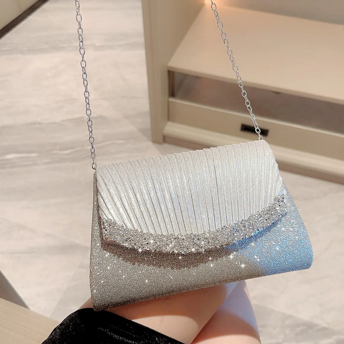 Shining Bling Silver Color Small Evening Bags Wedding Party Clutches Handbags Chain Shoulder Bags For Women Prom Clutch Purses