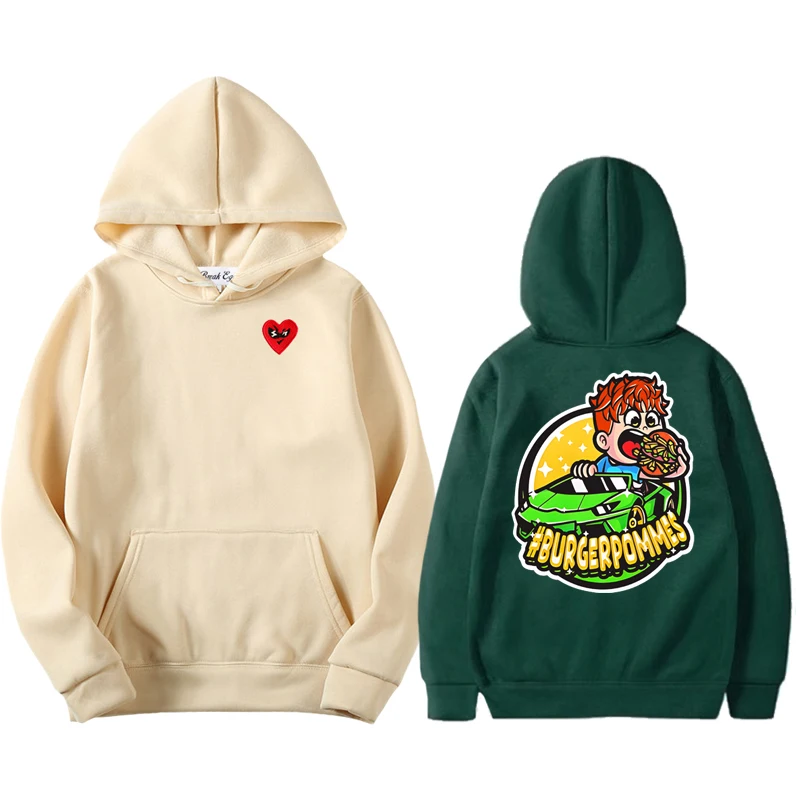 

Burgerpommes Icrimax Printing Graphic Men Women Hoodie Polyester Red Glasses Heart Embroidery Pullover Pockets Thin Loose Hoody