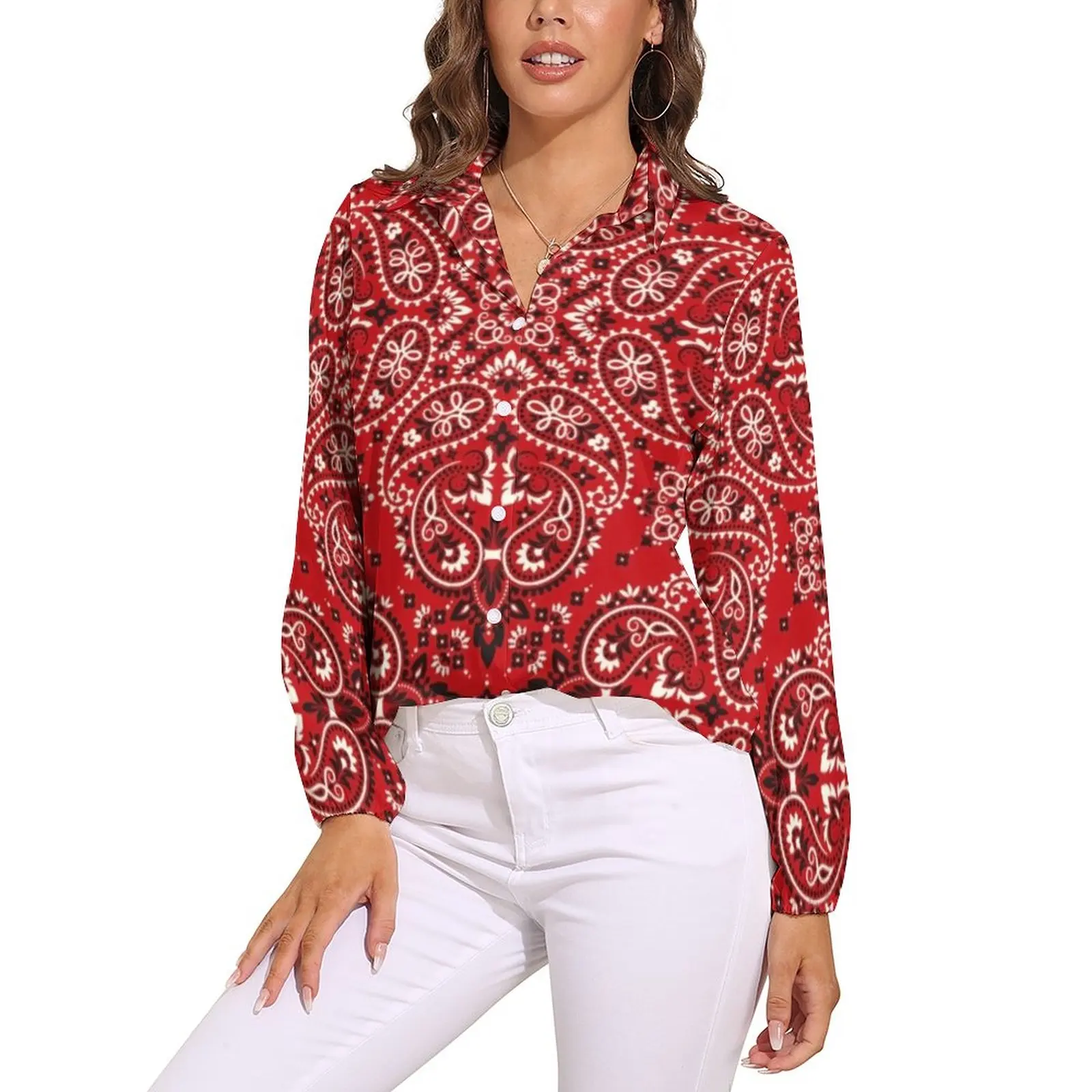 Vintage Paisley Blouse Women Bandana Style Print Streetwear Loose Blouses Long-Sleeve Retro Shirts Printed Top Big Size 2XL 3XL