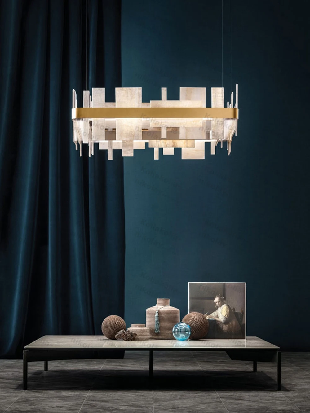 Upgrade Your Home With Our Exquisite Alabaster LED Chandelier Crafted From Natural Marble Stone Dimming Function Linear Square