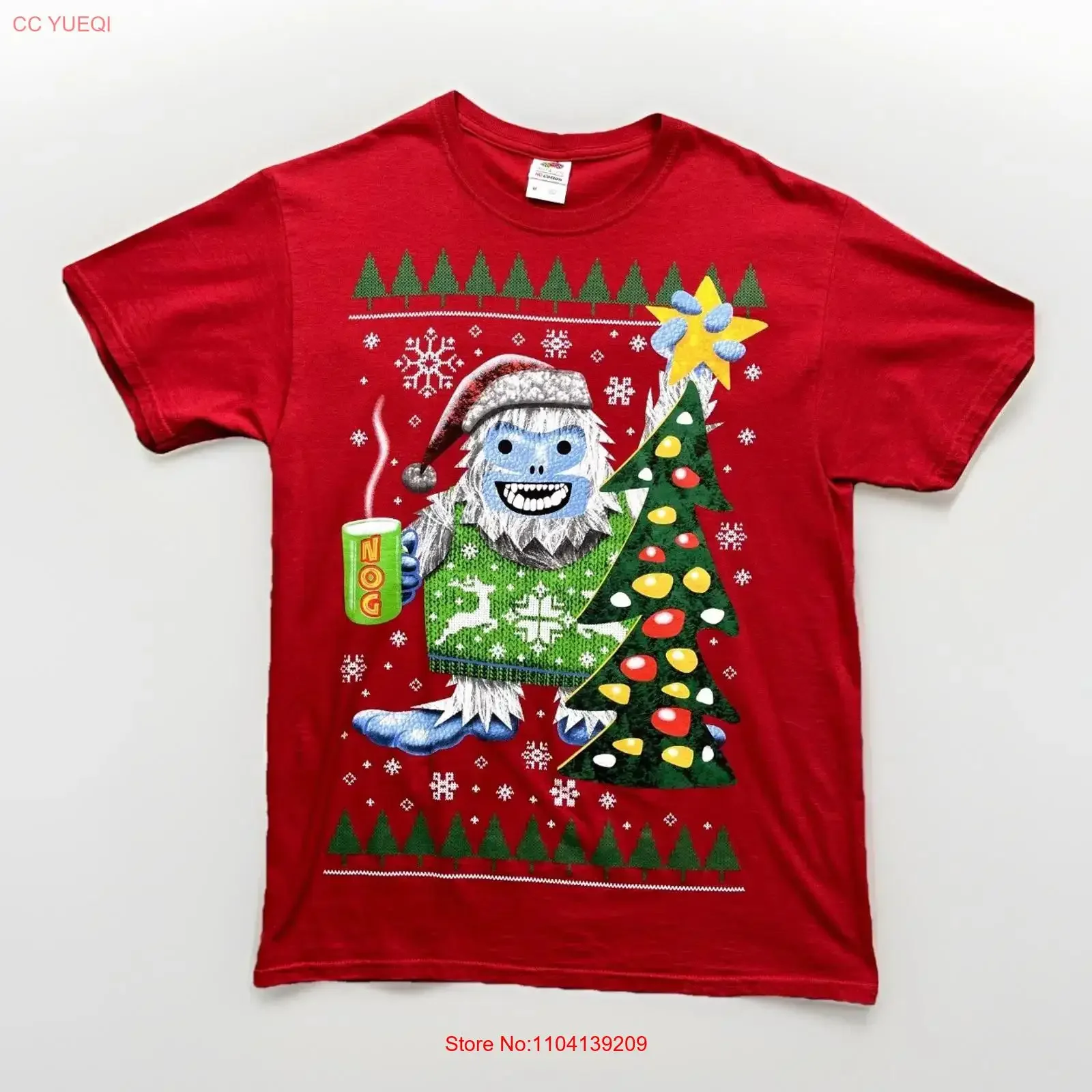 Abominable Snowman Christmas T Shirt Mens Medium Egg Nog Tree Snow Spirit Red vintage Washed Slightly Breathable fashion