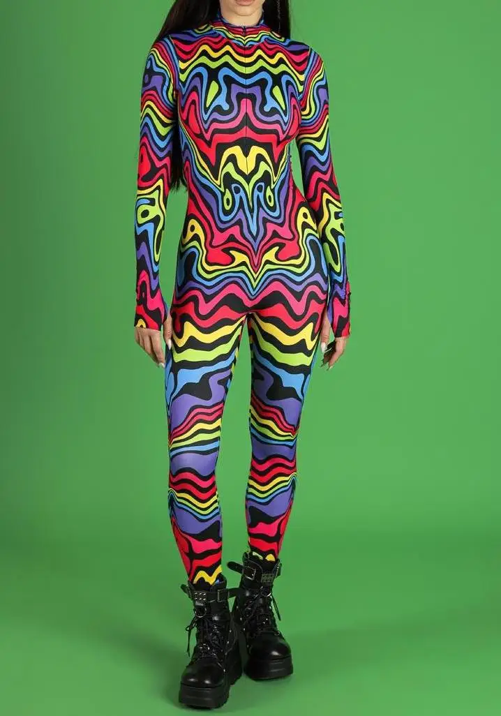 Damen Punk-Print Jumpsuit mit Unregelmäßigen Linien für Erwachsene, Cosplay-Bodysuit für Halloween, Karneval, Party, Auftritt, Radsport, Catsuit, Romper – Detail 13