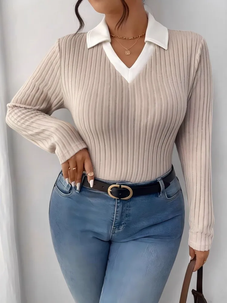 المرأة حجم كبير L-4XL عادية الخامس الرقبة طويلة الأكمام الحياكة سترة فضفاضة تي شيرت الرياضة في الهواء الطلق ملابس النساء المتضخم