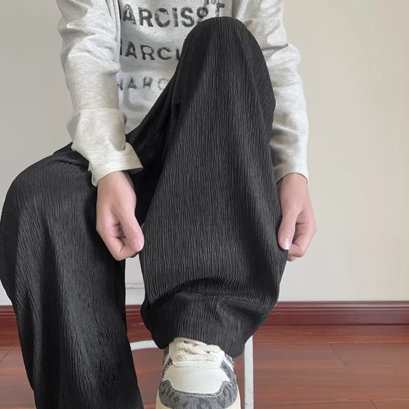 Summer Casual Pants Men Oversized Wide Leg Pants Men Japanese Streetwear Loose Ice Silk Pants Men Pleated Trousers M-3XL