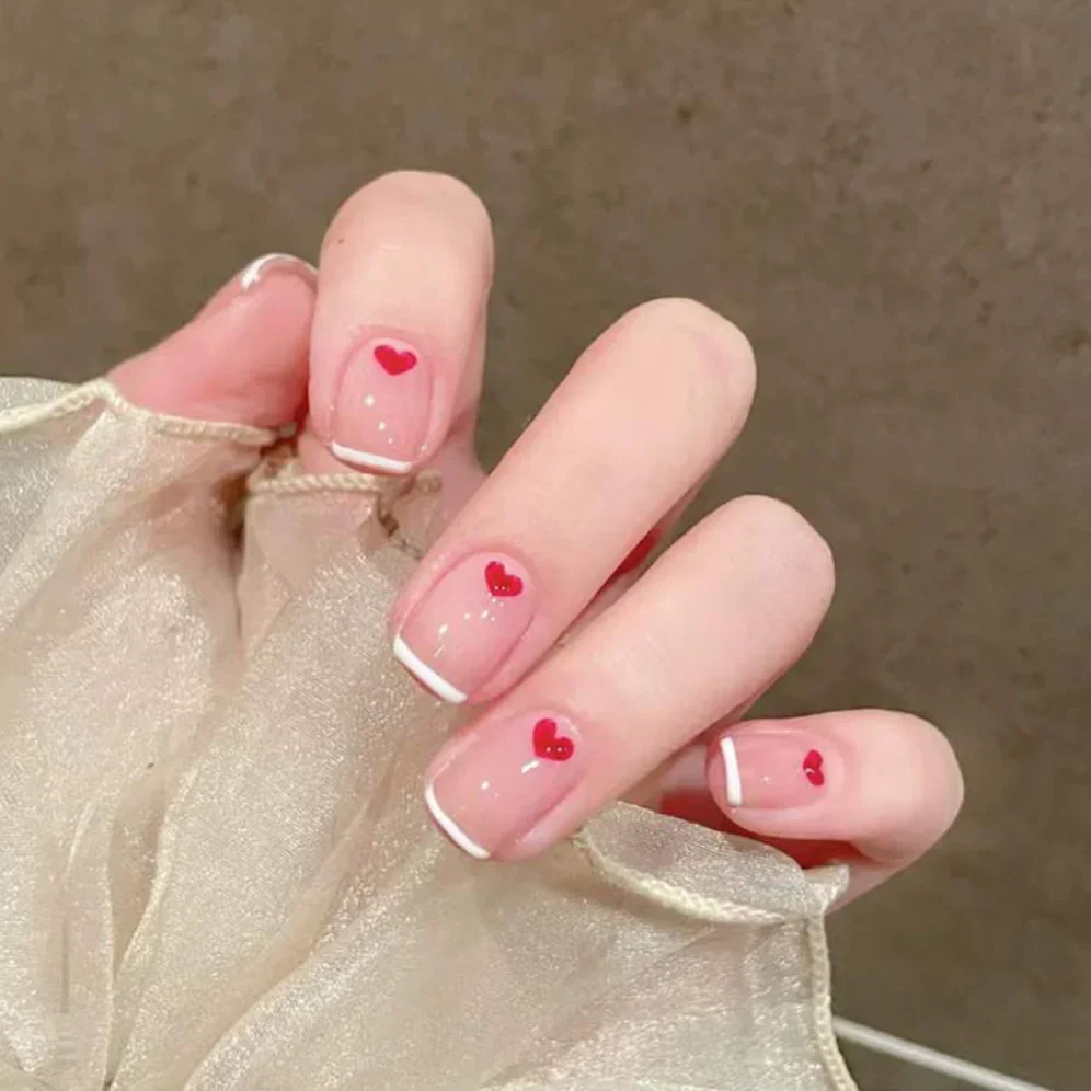 Faux Ongles Courts et Sans Couture en Forme de Cercueil, 24 Pièces, N64.Art, N64.Art, Coeur Rouge, à Pression, pour Fille