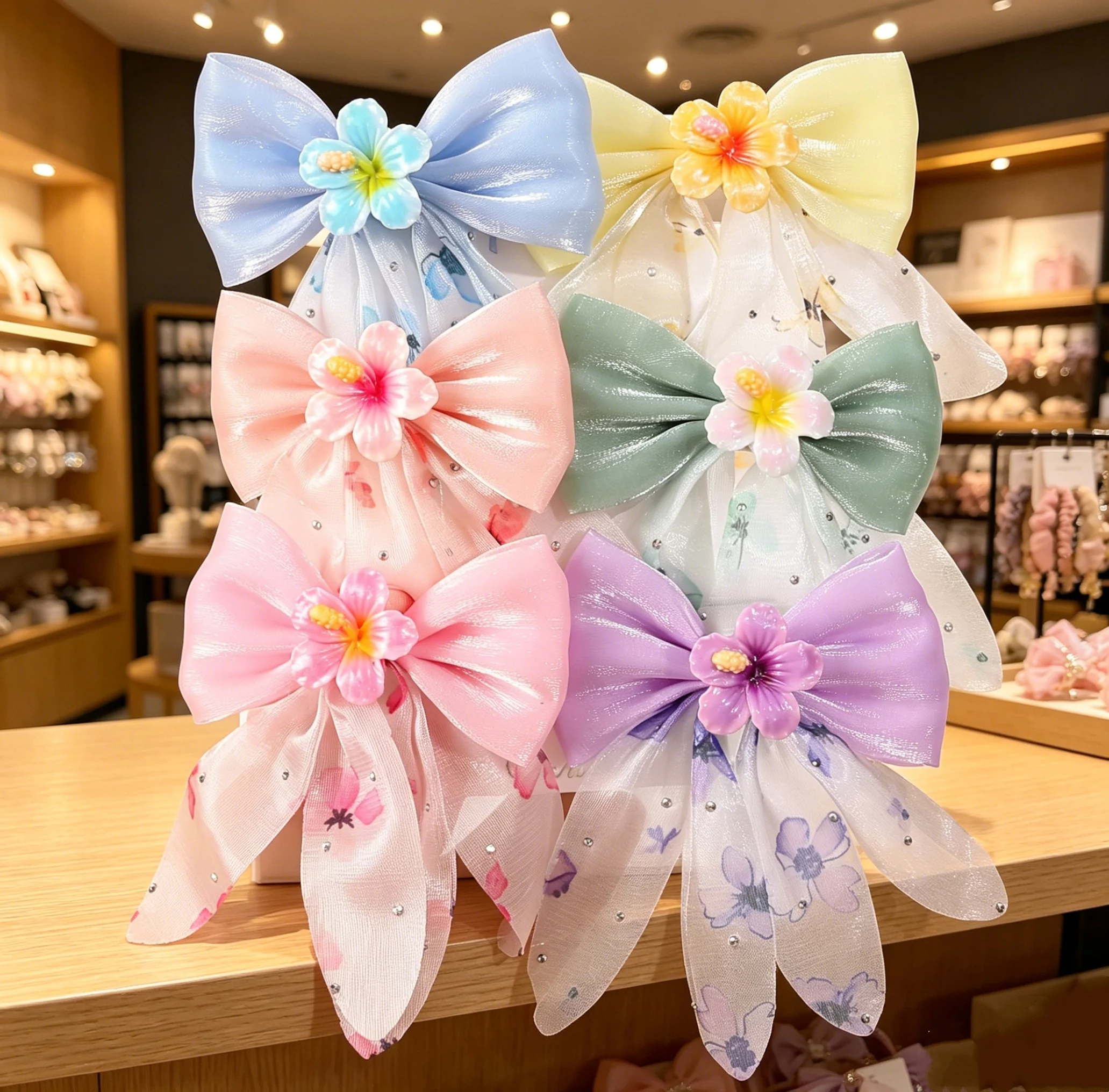 6pcs Print Flower Hair Bows Clips Women Girls Ponytail Hairclips Fashion Floran Hairpins Girls Hair Accessories