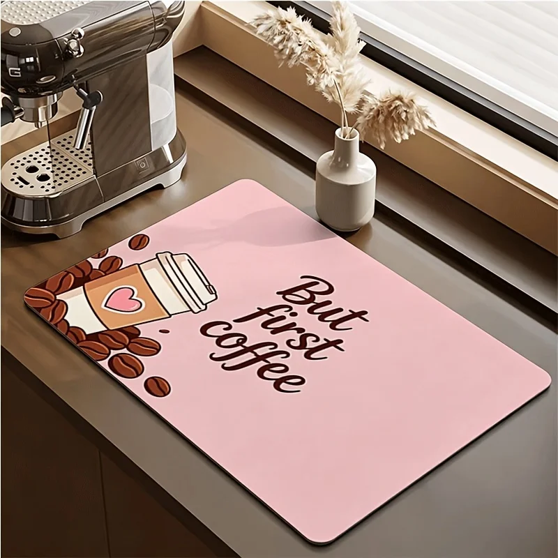 Drying Mat But First Coffee Letter Cup Bean Print Tableware Drain Pad for Coffee Machine Countertop