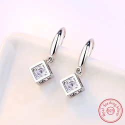 925 Sterling Silver Women's High Quality Jewelry Crystal Zircon Hollow Square Box Drop Earrings New Fashion XY0064