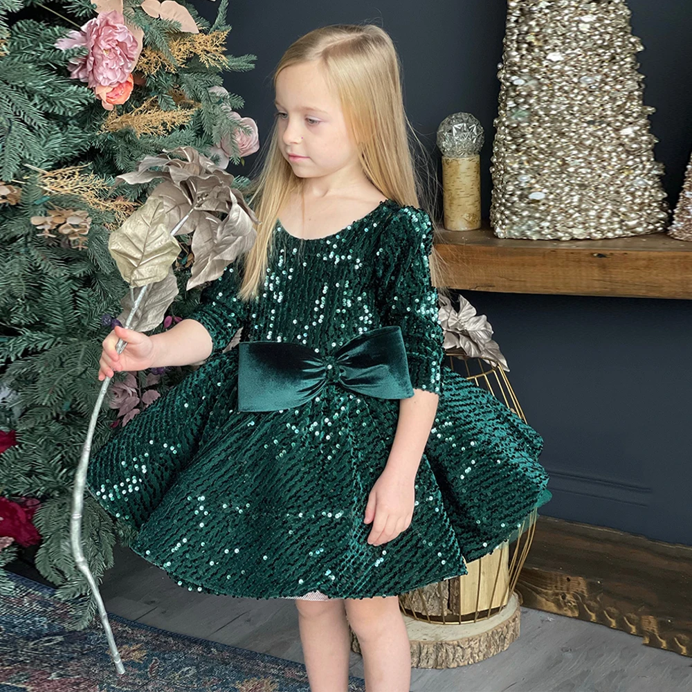 

Emerald Green Flower Girl Dress 3/4 Sleeves Scoop Neck Sparkling Sequin Kids Birthday Party Gown Puff Mini First Communion