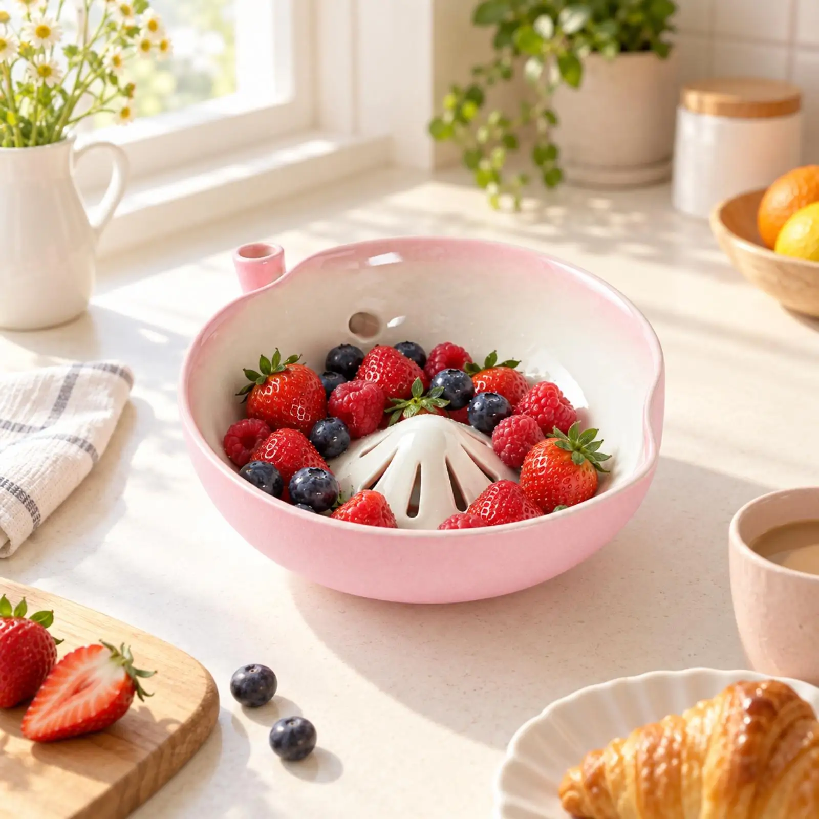 Ceramic Fruit Strainer Bowl Glossy Ceramic Fruit-Washing Colander Bowl Multifunctional 2-in-1 for Kitchen Prep
