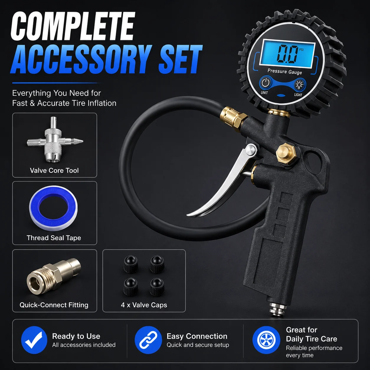 Digital Tire Pressure Gauge Inflator Deflator Tool Metal ABS Air Chuck with LCD Display for Car Truck Motorcycle Tire Care Kit - view 3