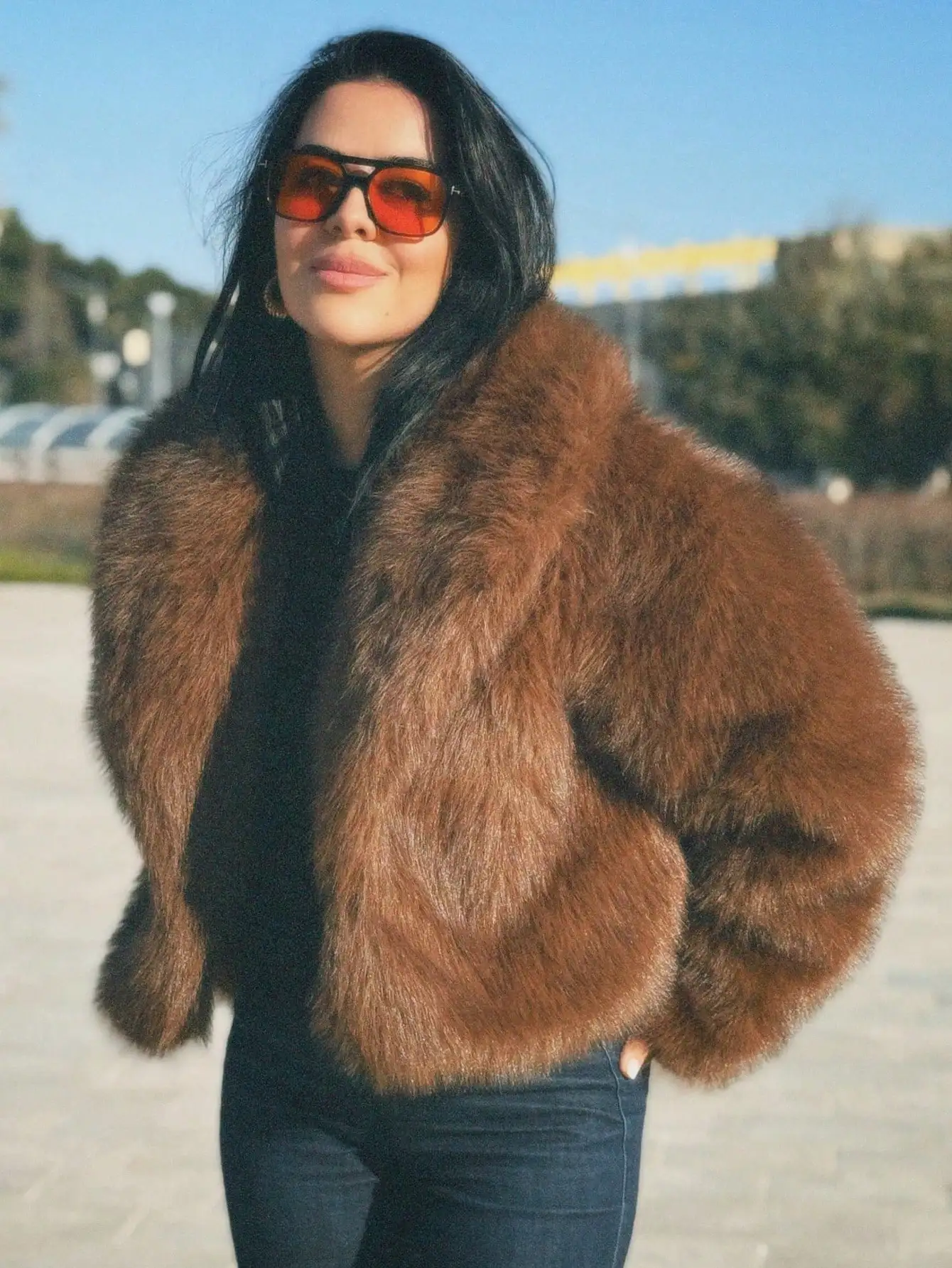 

Women's Winter Faux Fur Bomber Jacket, Fluffy Urban Style, Leopard Print, High-End Casual Outerwear