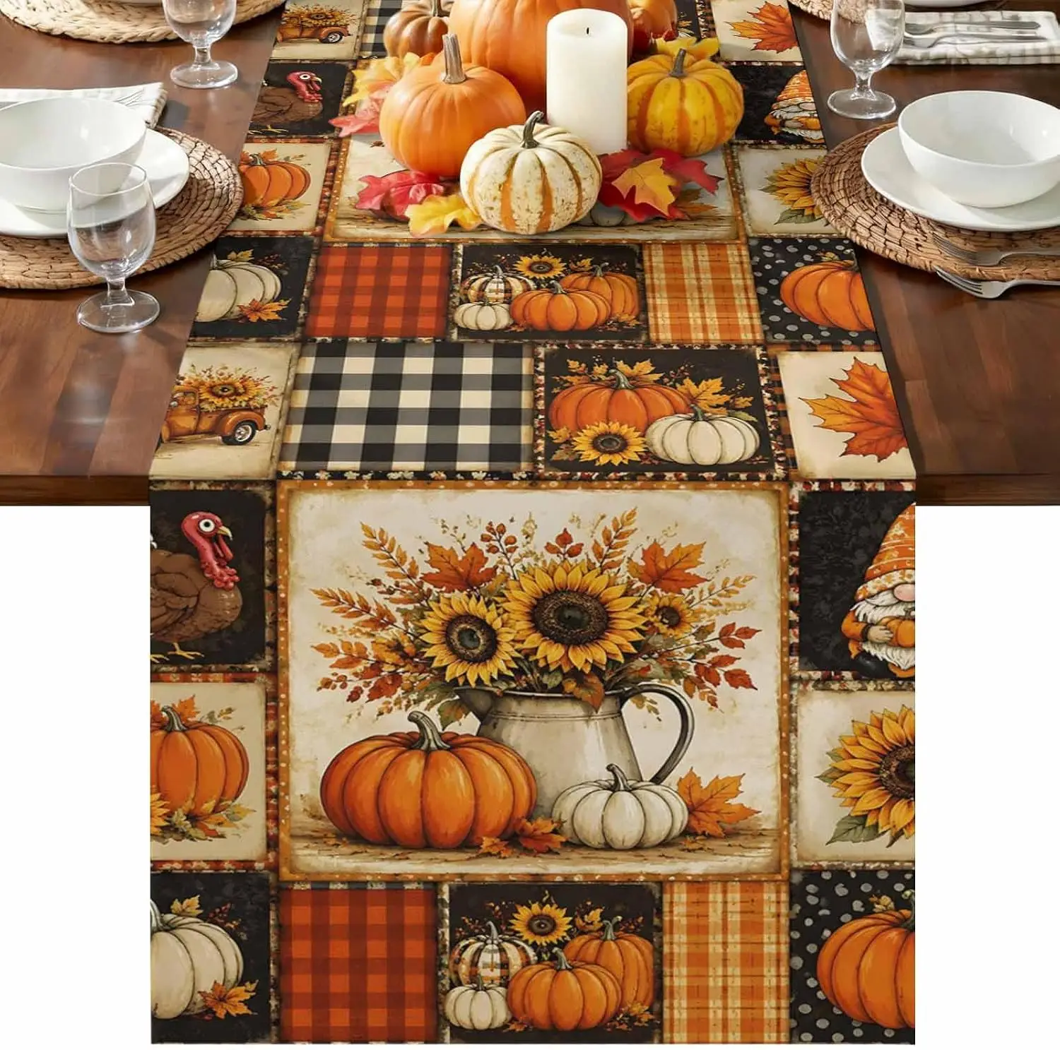 Fall Pumpkin Gnomes Sunflowers Turkey Table Runner Holiday Party Decor Reusable Kitchen Dining Table Runner Autumn Decorations