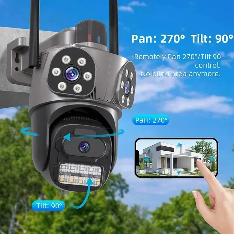 

12-мегапиксельная HD Wi-Fi IP-камера для улицы, 3 объектива, 3 экрана, PTZ-камера, водонепроницаемая IP-камера видеонаблюдения, сигнализация, видеокамера ночного видения