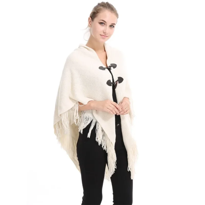 Warm and Thick Cape with Horn Buckle, Irregular Double Fringe, Monochrome Cape, Autumn and Winter, New