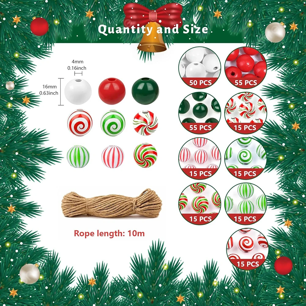 250Pcs 16mm Christmas Bead Candy Cane Bead Round Craft Holes Swirl Wooden Bead Garland DIY Christmas Home Party Decoration