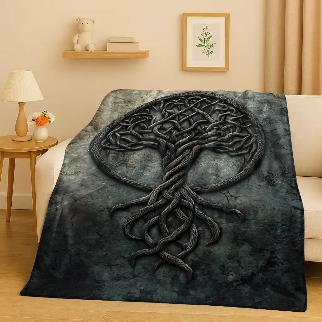 Retro Colorful Tree of Life Yggdrasil Celtic Rune Flannel Blanket,Ultra Soft Plush Throw for Home Bedroom Bed Sofa Cover Kids