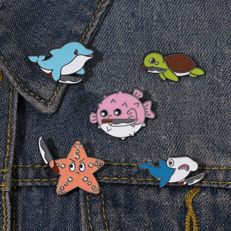 Killer From Ocean Enamel Pins Dolphin Puffer Fish Turtle Shark Starfish Brooches Lapel Badges Animal Jewelry Gift Drop-shipping