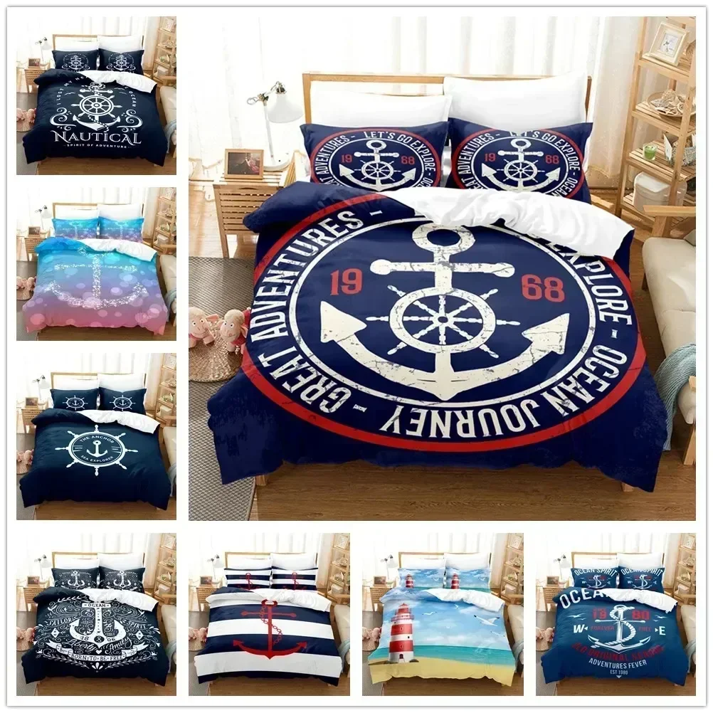 New Marine Duvet Cover Set Anchor Pattern Bedding Set Ultra Soft ComforterQuilt Cover Set&Pillowcases for Kids Boys Bedroom