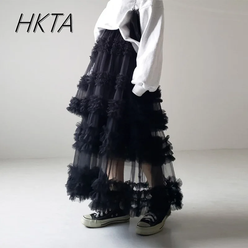 

Japanese Spring New mid-length Length Skirt Three Layer Hand Spliced Mesh Women A Line long Skirt Chiffon Pleated Black Skirts
