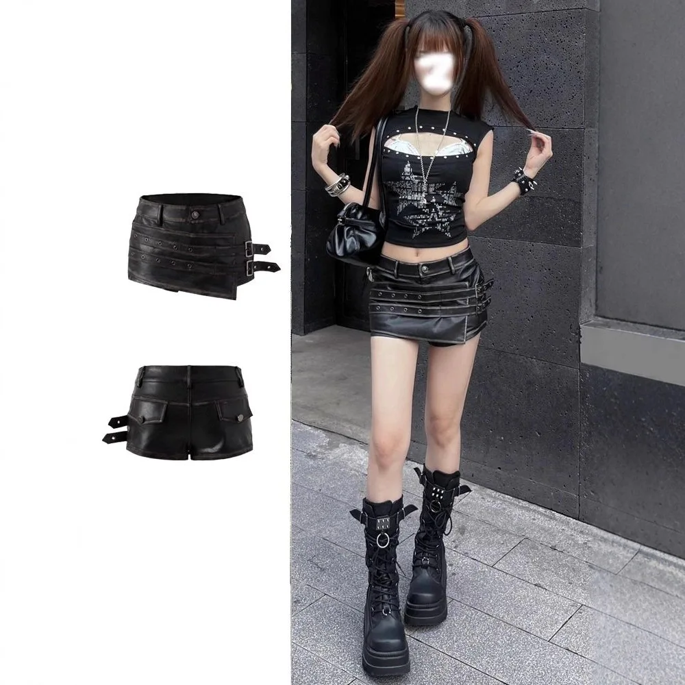 Asymmetrical Pu Leather Shorts Skirts Women Female Spice Girl Design Sense Retro Slim Sexy Hip Culottes