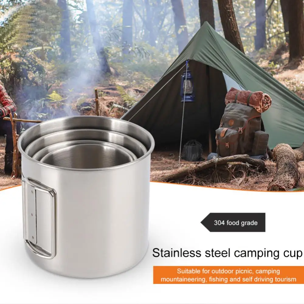 250/350/500ml 304 Stainless Steel Water Bottle Portable Camping Cup With Foldable Handle Outdoor Mug For Hiking Picnic Drinkware