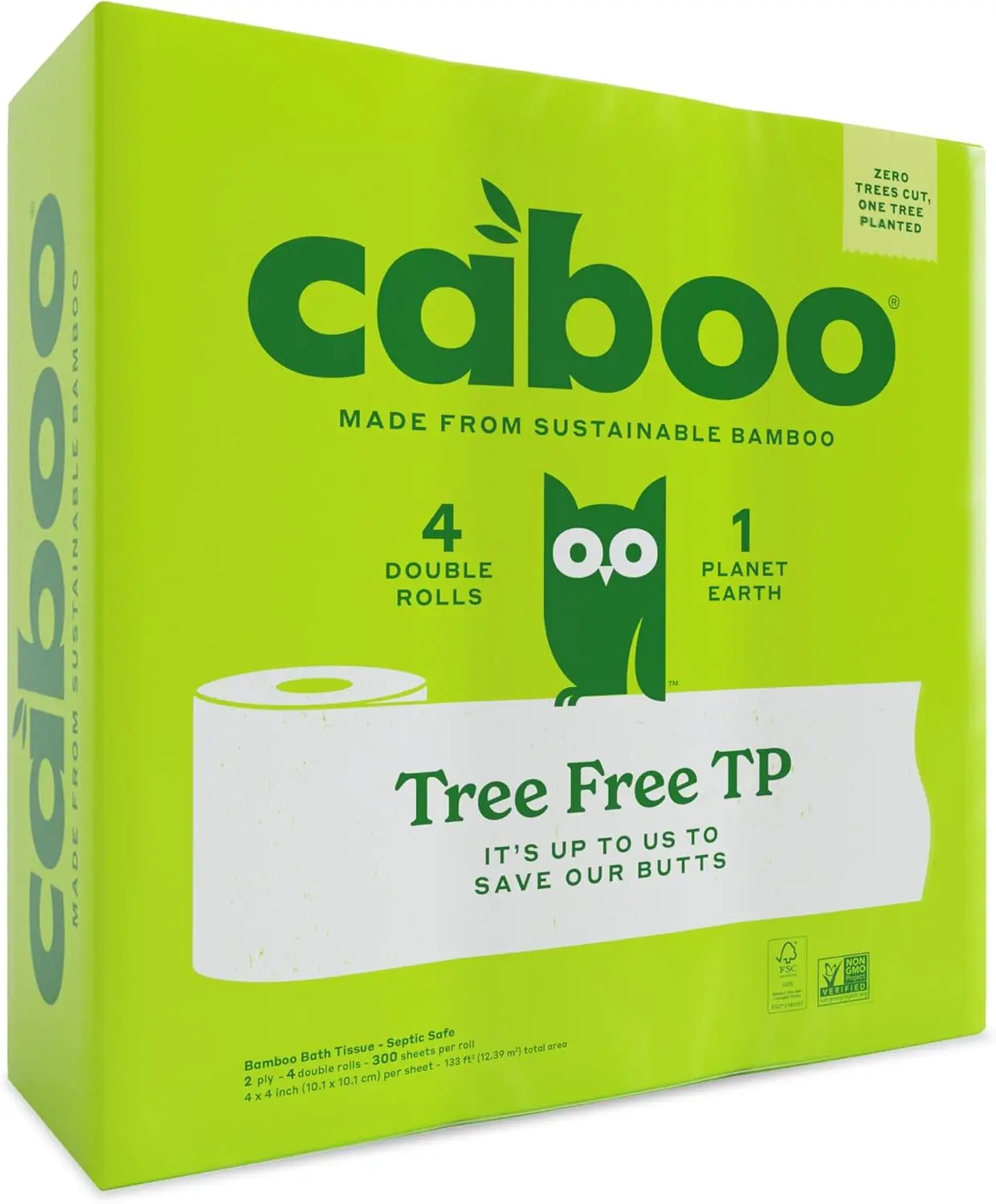 Tree Free Toilet Paper, Septic Safe Bath Tissue, Quick Dissolving 2 Ply Sheets - 300 Sheets Per Roll, 4 Double Rolls